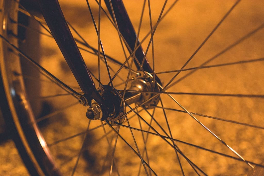 close-up of bicycle wheel spokes
