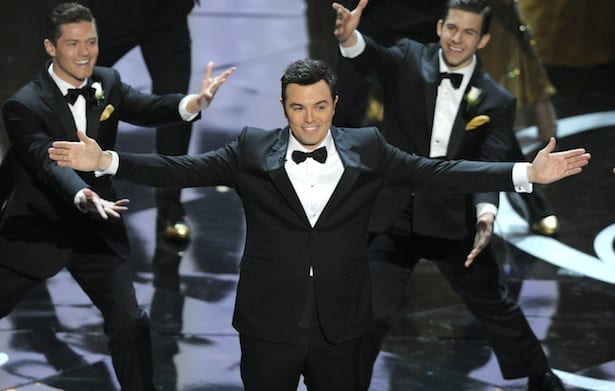 Host Seth MacFarlane speaks onstage during the Oscars at the Dolby Theatre on Sunday Feb. 24, 2013, in Los Angeles.  (Photo by Chris Pizzello/Invision/AP)