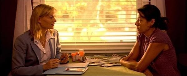 two women sitting at table by window