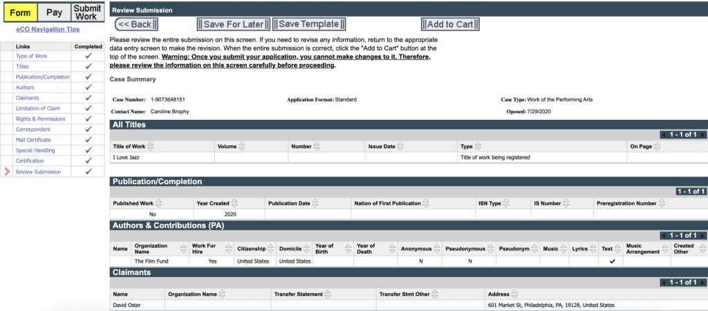 Copyright claim review page