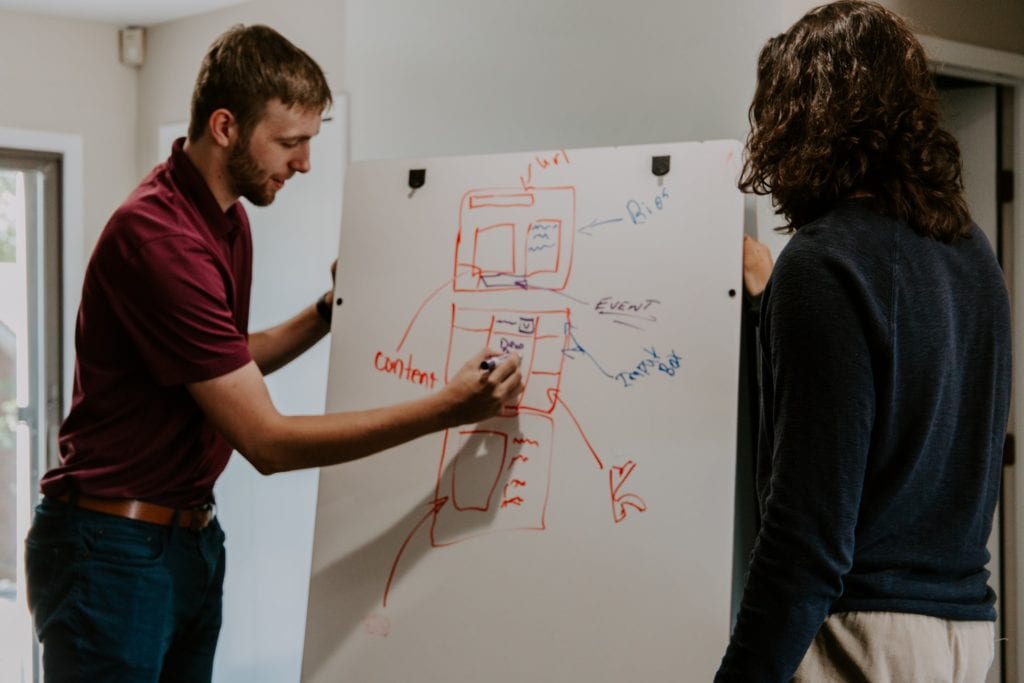 Two individuals working over a white board together film fund